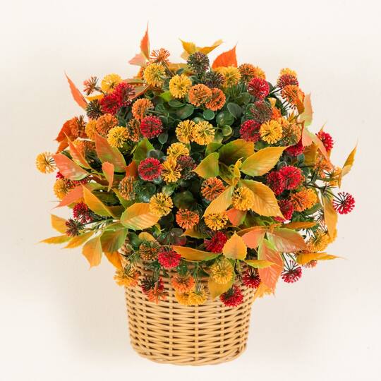 14" UV Resistant Autumn Artificial Mixed Fall Mum in Wicker Basket